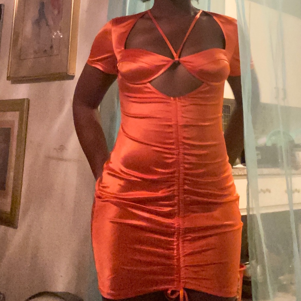 Orange satin ruched dress